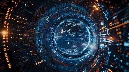 Fototapeta premium Abstract of a globe 5G communication elements, artificial intelligence, data management, digital manufacturing, Generative AI illustrations.