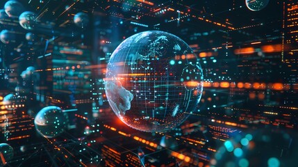 Abstract of a globe  5G communication elements, artificial intelligence, data management, digital manufacturing, Generative AI illustrations.