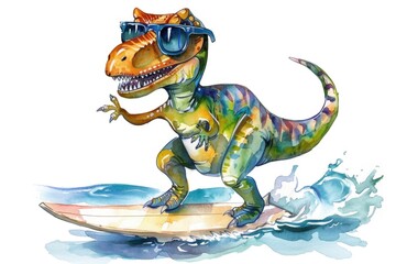 Fototapeta premium A watercolor illustration of a T-Rex riding a surfboard, ideal for use in educational materials or children's books