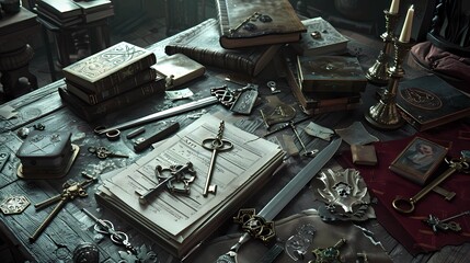 A table with an old books and pictures of the character, fantasythemed swords, magic keys, Generative AI illustrations. 