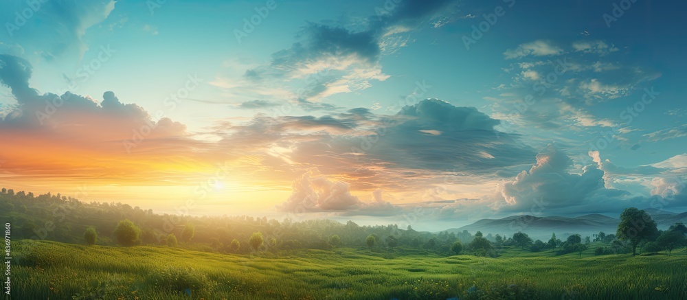 Poster majestic nature background with colorful sunlight in the evening sky, perfect for copy space image.