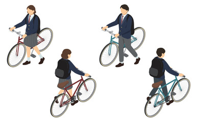 アイソメトリックイラスト：自転車を押す男女の高校生