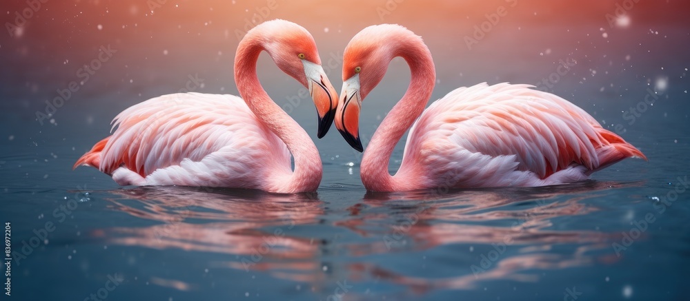 Poster Summer-themed image with two pink flamingos creating a heart shape on a pink water background. Perfect for Valentine's day with copy space image.