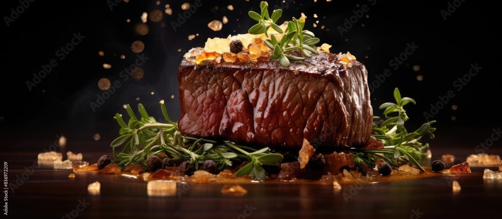 Poster A succulent filet steak displayed in a gourmet setting with elegant seasoning and garnishes, creating a delicious meal centerpiece for a restaurant menu with copy space image.