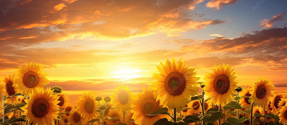 Poster Sunflowers in a field with a sunset backdrop create a stunning scene, perfect for a copy space image.