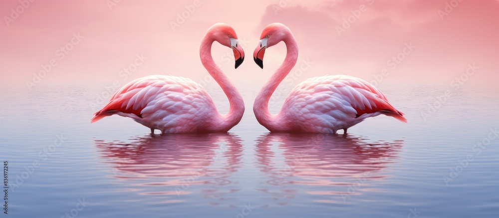 Poster Summer-themed image with two pink flamingos creating a heart shape on a pink water background. Perfect for Valentine's day with copy space image.