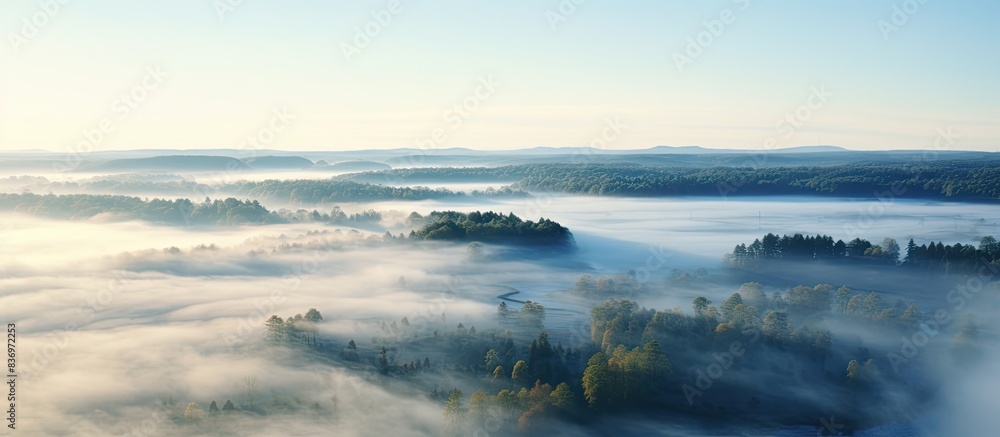 Poster a stunning misty morning captured by a drone, displaying a tranquil scene with copy space image.