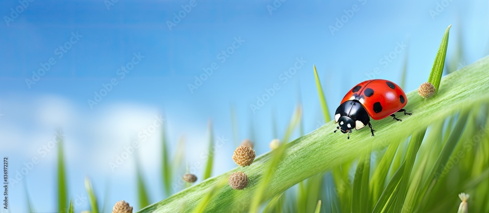 Poster Tiny red ladybug enjoys the scent of red poppies in a copy space image.