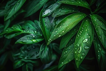 Fototapeta premium Close-up of fresh green leaves with water droplets, showcasing lush foliage and natural beauty, perfect for nature and tropical themes.