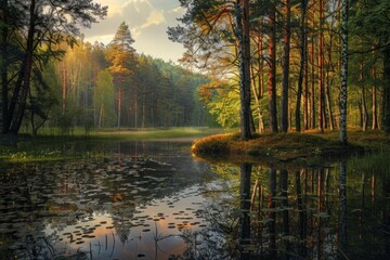Obraz premium A serene pond surrounded by lush forest foliage, perfect for use as a calming background or nature-inspired design