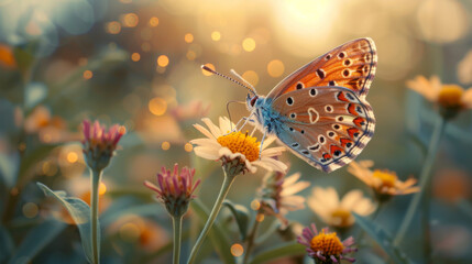 Obraz premium A butterfly is sitting on a flower in a field