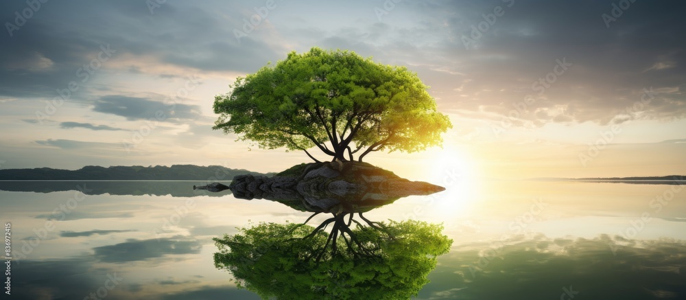 Aufkleber A tranquil setting with a green tree in spring and a calming sunset, creating a serene ambiance with a copy space image.