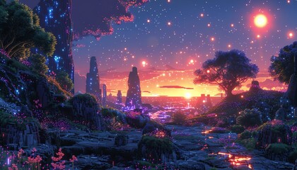 Fototapeta premium pixel art masterpiece depicting a whimsical world where AI creatures inhabit a mesmerizing panoramic view Incorporate neon colors, intricate circuit patterns, and a sense of playful innovation