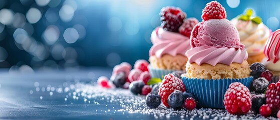 Naklejka premium Delicious cupcakes topped with pink frosting and assorted berries on a blue background, perfect for festive and dessert-themed imagery.