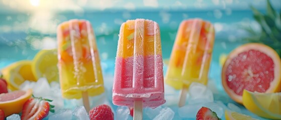 Colorful fruit popsicles on ice with a tropical beach background, garnished with fresh fruits like strawberries and grapefruit.