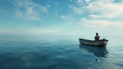 a boat with a man is floating in the water on the sea, Generative AI illustrations. 