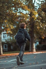 Fototapeta premium A young boy rides a skateboard down a street, with people and cars in the background