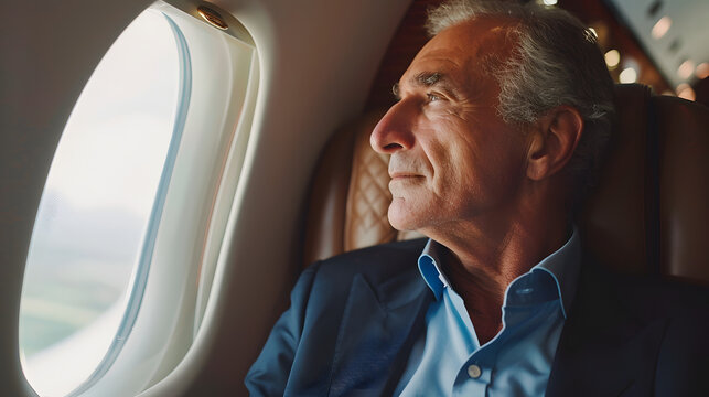 A senior businessman in a suit reflects while looking out of an airplane window during a flight. The scene captures a moment of contemplation and travel. - Powered by Adobe