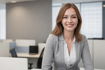 Successful senior bank manager, smiling and looking at the camera, standing in the office with copy space.