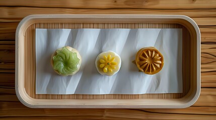 A pastries on an oval wooden tray, on top of white paper, Generative AI illustrations. 