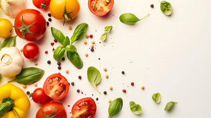 Fresh vegetables and herbs on a white background. Copy space. Generative AI	