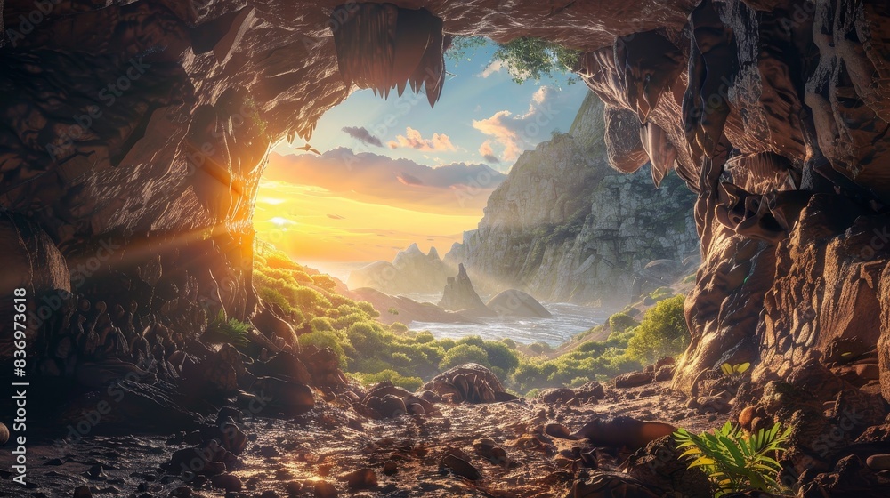 Wall mural a cave with a view of the ocean and mountains - Wall murals