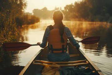 A person paddling a small boat down a flowing body of water, possibly on a nature outing or adventure