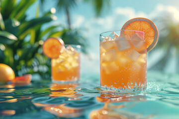 Refreshing summer cocktails by the pool, 3d render