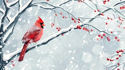 A red cardinal perched on a branch in the snow