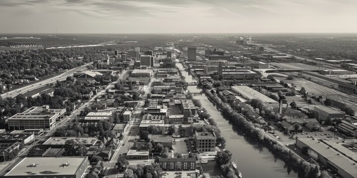 Fototapeta A black and white photo of city streets at night with various buildings, lights, and shadows