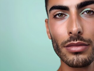 Obraz premium Handsome Middle Eastern Man s Face Featuring Professional Skincare Cosmetics for Advertising