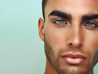 Obraz premium Handsome Egyptian Man s Face in Decorative Skincare Advertising on Seafoam Green Background