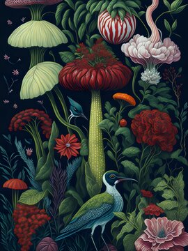 Fototapeta wallpaper, flores botánicas, arte fino, lujo, glamur, premium, profesional, diseño de interiores, interiorismo, diseño, diseño gráfico, buqué, flor, flor gigante, arte botánico, ilustración, aves