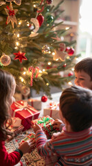 Three children are sitting around a Christmas tree, opening presents