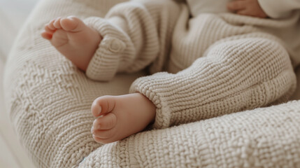 Baby feet in knitted pajamas on a cozy blanket