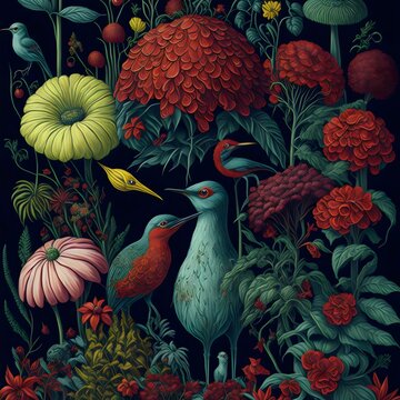 Fototapeta wallpaper, flores botánicas, arte fino, lujo, glamur, premium, profesional, diseño de interiores, interiorismo, diseño, diseño gráfico, buqué, flor, flor gigante, arte botánico, ilustración, aves