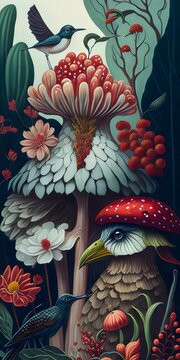 Fototapeta wallpaper, flores botánicas, arte fino, lujo, glamur, premium, profesional, diseño de interiores, interiorismo, diseño, diseño gráfico, buqué, flor, flor gigante, arte botánico, ilustración, aves