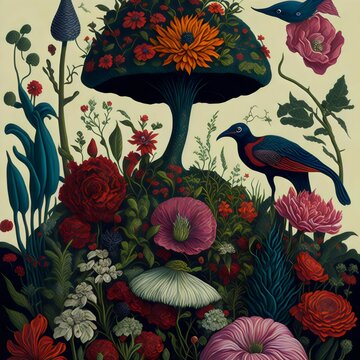 Fototapeta wallpaper, flores botánicas, arte fino, lujo, glamur, premium, profesional, diseño de interiores, interiorismo, diseño, diseño gráfico, buqué, flor, flor gigante, arte botánico, ilustración, aves