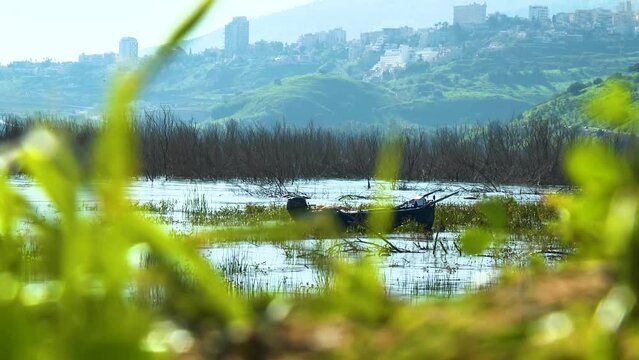 A tranquil morning scene of a calm lake shore with a fisherman's boat rocking slowly by the water movements. at the background, a modern city built on a mountain. Sea of Galilee, Israel.