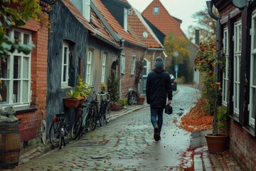 A person walking alone on a wet cobblestone street, lit by street lamps