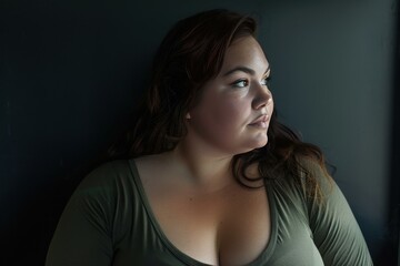Fototapeta premium Portrait of a contemplative young woman looking away with natural window light on her face