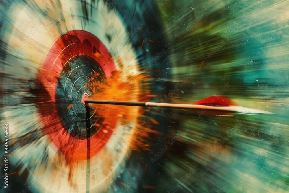 Poster a bold and colorful target with an arrow pointing towards the center, ideal for use in sports or out