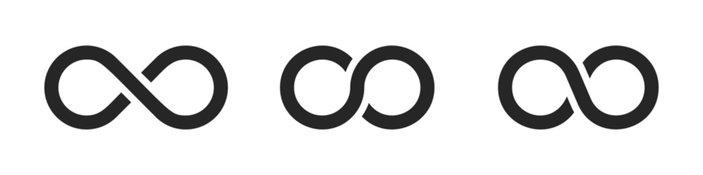 Simple flat black infinity symbols. Design elements for unlimited infinity, endless, eternity, loop, discontinuation, and repetition concepts. Vector illustration