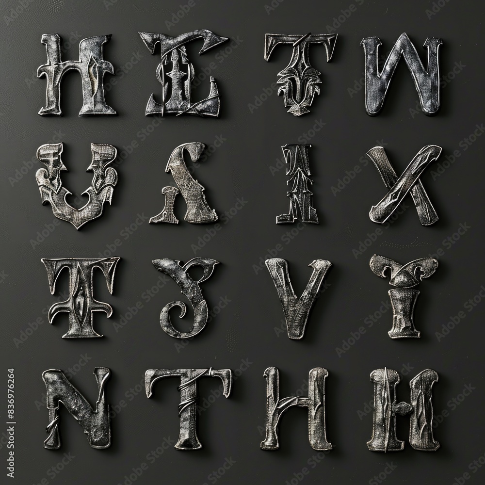 Poster a close-up shot of a set of metal letters against a black surface, great for adding texture and visu