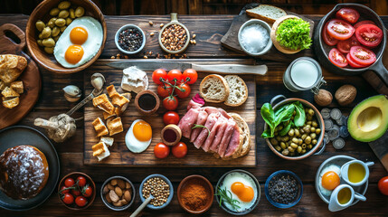 Delicious breakfast spread with eggs, ham, bread, and fresh vegetables. Generative AI	