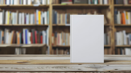 A blank book standing upright on a rustic wooden table in a library setting with bookshelves in the background, perfect for showcasing cover designs. mockup
