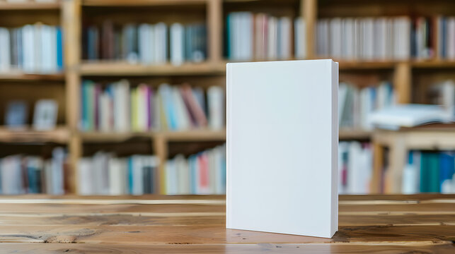 A blank book standing upright on a wooden table with a blurred bookshelf background, ideal for cover design presentations and marketing.  mockup