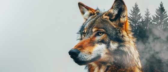 Fototapeta premium Double exposure of a wolf and a dense forest