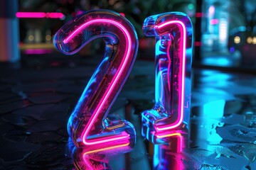 A close-up of a neon sign with the number 21 on a wet surface