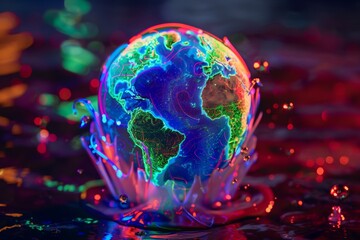 Neon-lit globe with a splash effect, featuring continents in vivid colors against a dark, bokeh-lit background, emphasizing a concept of dynamic global connectivity